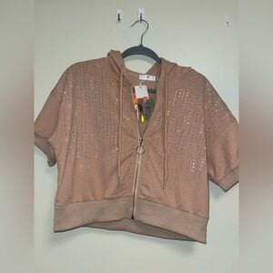 Amanda Rose Collection Tan Crop Top with Rhinestones